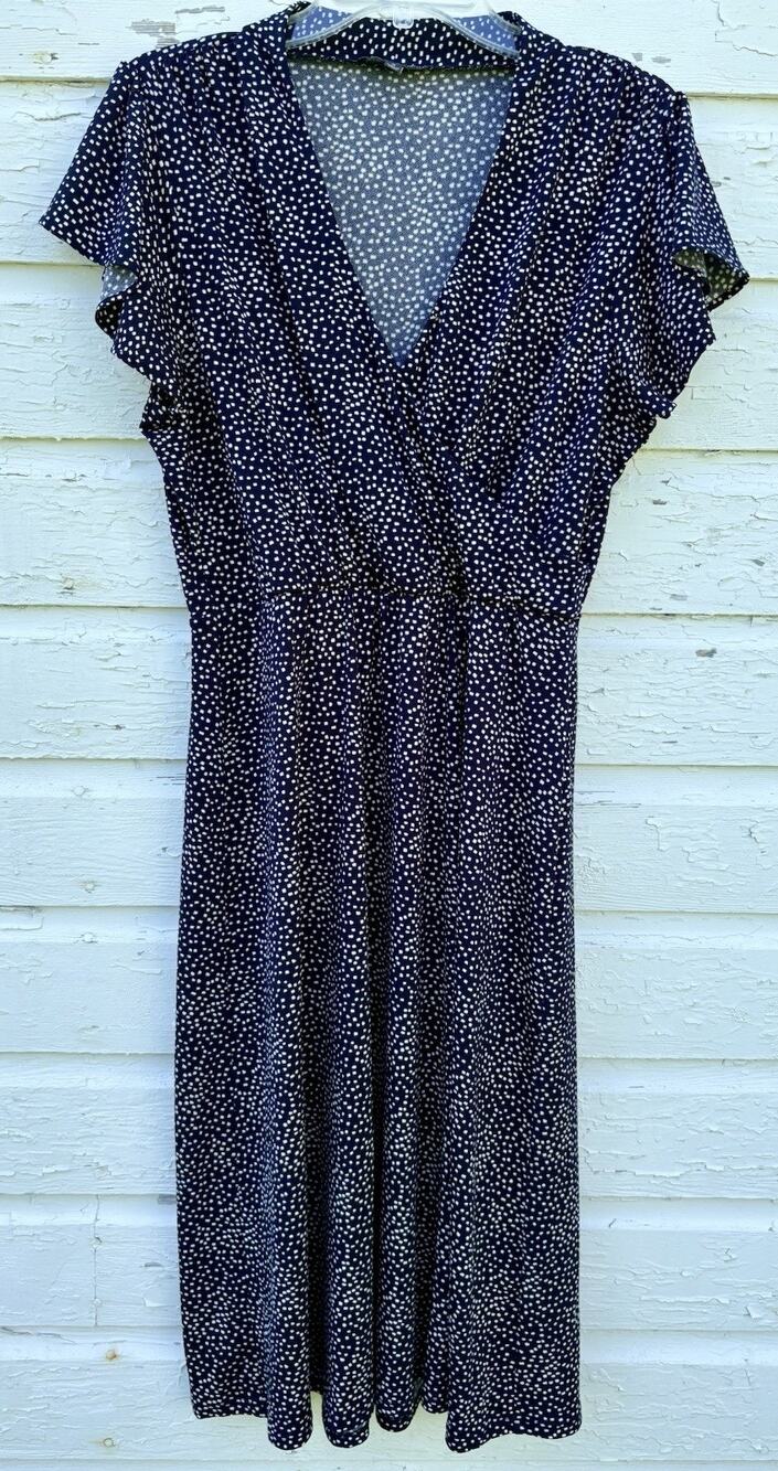 Adrianna Papell Dress Faux Wrap Midi M Blue White Polka Dot Twee Stretch A-Line
